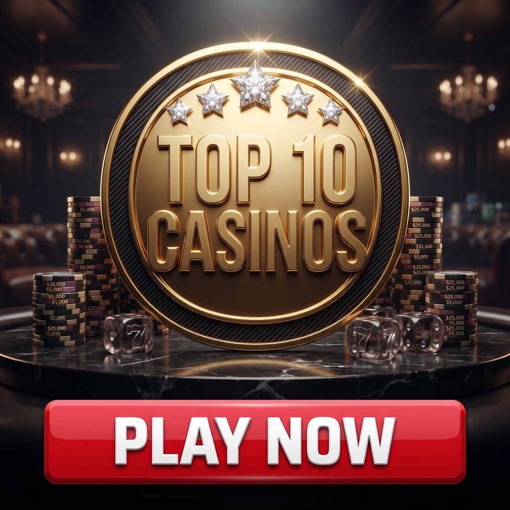 Top 10 Casinos emblem with poker chips and dice